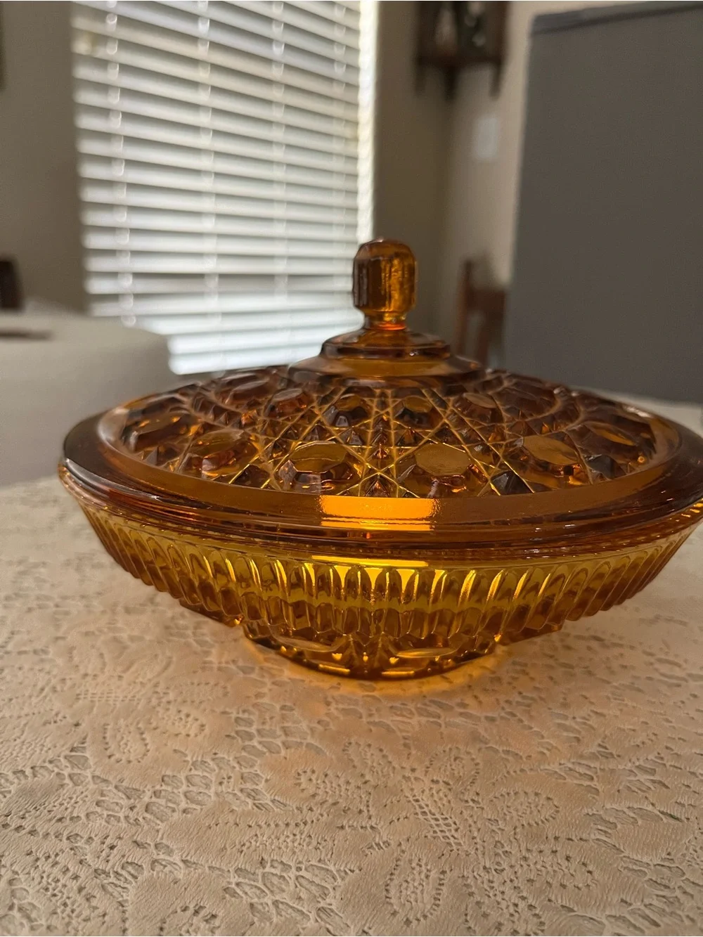 Vintage Federal Glass Windsor Amber Fairy Lamp Candy Dish w/Lid